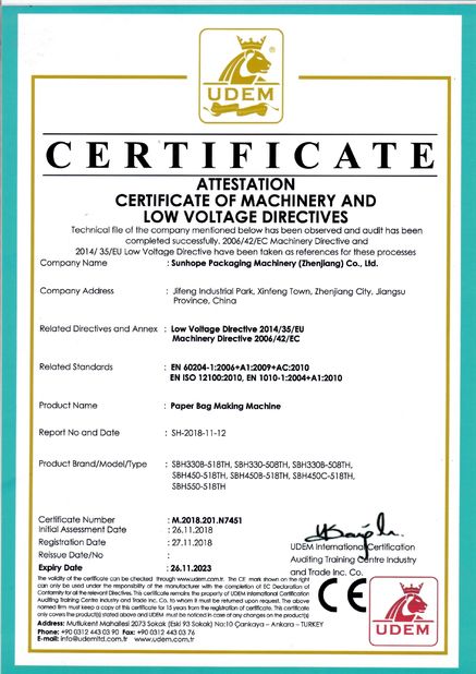 China Sunhope Packaging Machinery (Zhenjiang) Co., Ltd. zertifizierungen